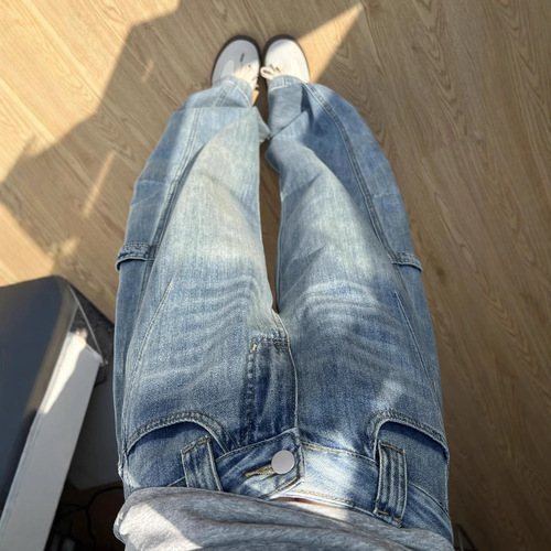 American-style designed patchwork washed bent knife women's spring slimming versatile whitened loose wide-leg long pants