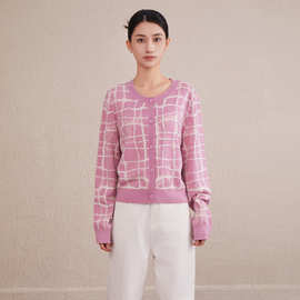 秋冬新款清新甜美单排扣显瘦圆领长袖格纹提花针织开衫外套上衣