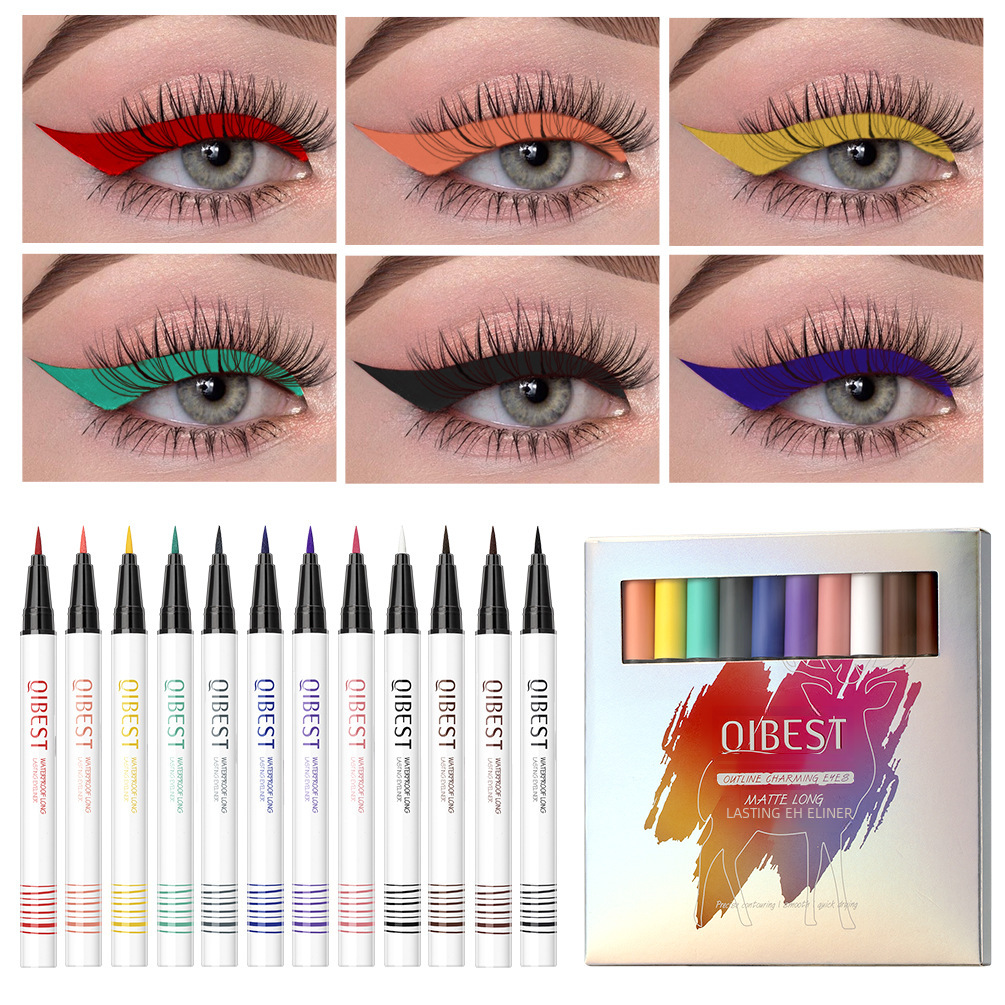 QIBEST color eyeliner pen easy to color quick-drying thin waterproof non-blooming beginner lying silkworm eyeliner set
