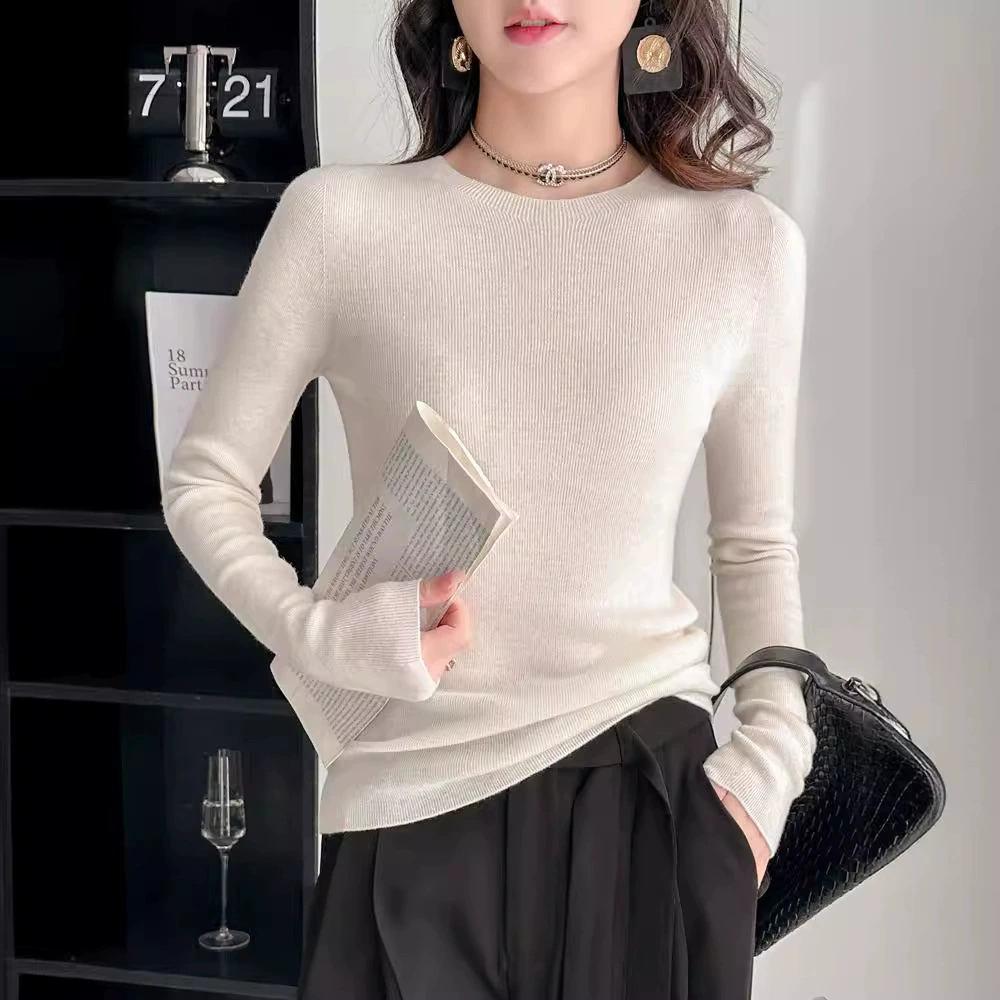 60 100 worsted merino thin wool round neck close-fitting seamless integrated 18-pin base knit sweater thin sweater