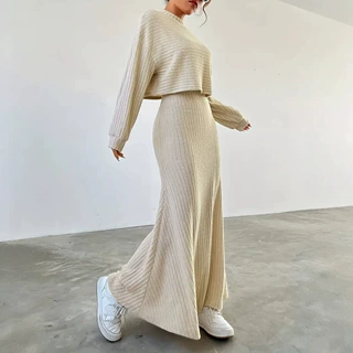 欧美时尚针织坑条螺纹纯色短款长袖圆领上衣休闲显瘦半身长裙套装