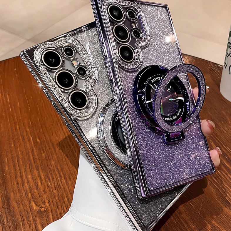 Funda protectora adecuada para Samsung S25, funda para teléfono S26 con orificios, soporte magnético transparente con diamantes de imitación para S24, funda brillante anticaída para A56.