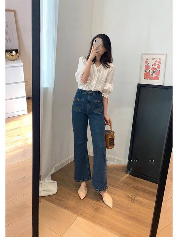 哥家商场同款女装2025春夏季复古微喇叭牛仔裤女秋设计感高腰百搭|undefined
