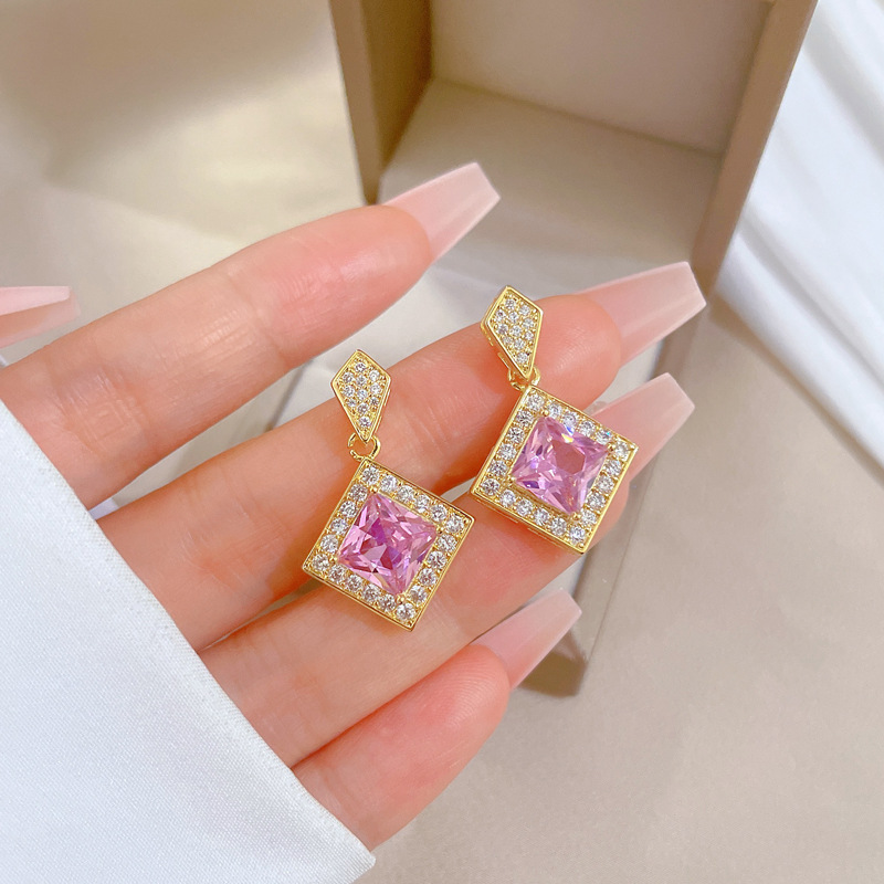 Casual Square Titanium Steel Copper Plating Inlay Artificial Gemstones Gold Plated Earrings display picture 1