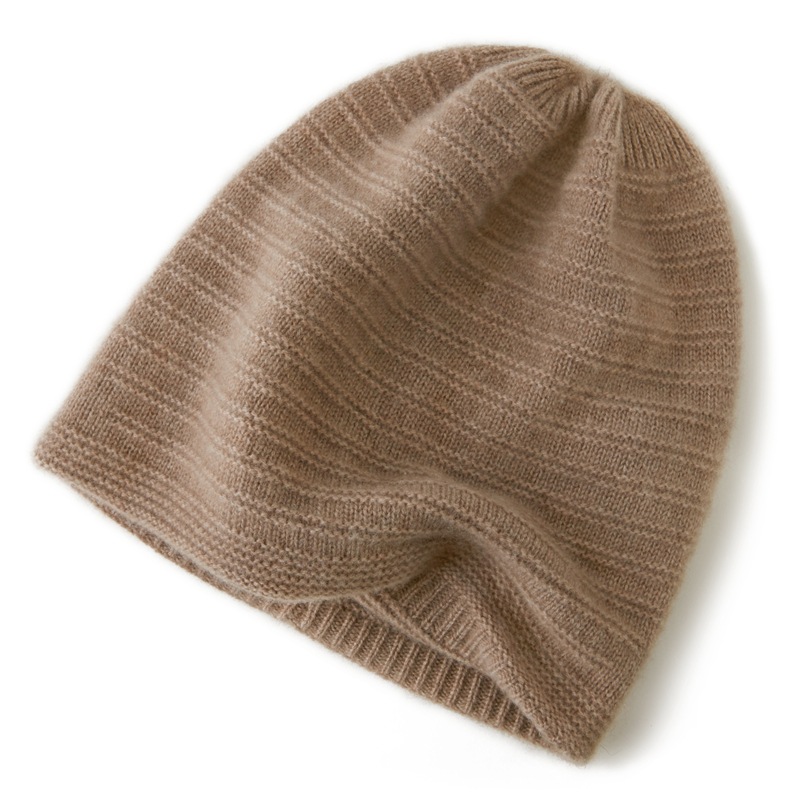Cashmere Horizontal Stripesd Fashion Double-Layer Hat for Women Versatile Ear Protection 2025 Autumn and Winter New Cashmere Knitted Hat
