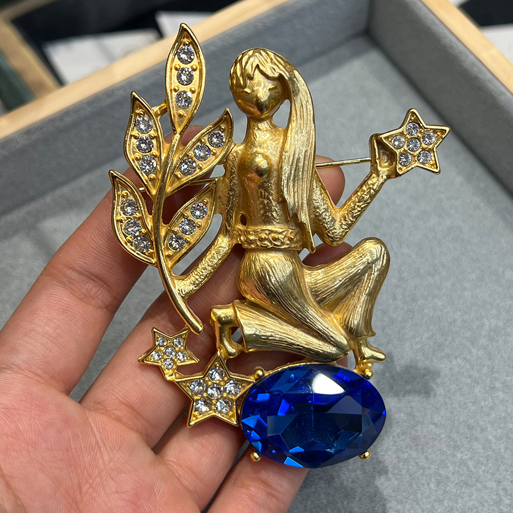 Greek Goddess Plain Gold vintage Sapphire High-level Cross-border Foreign Trade High-level Refined High-end Brooch for Women