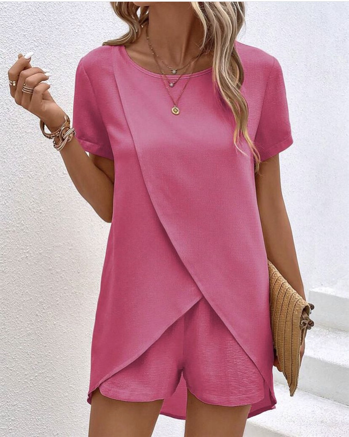 Summer Women's Solid Colour Two-piece Set With Irregular Top_voghion.com