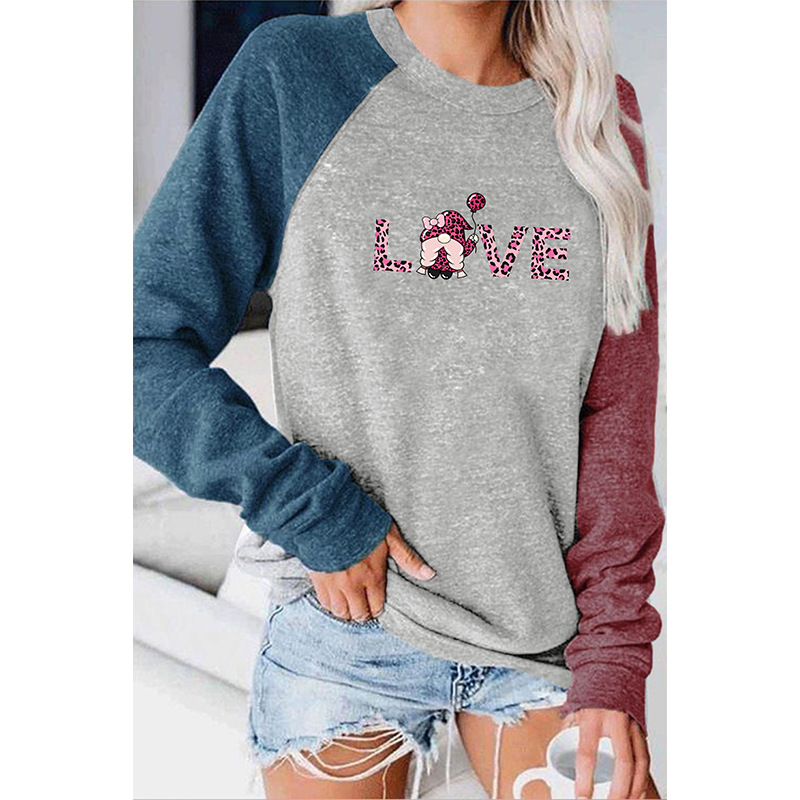 Summer round neck patchwork long sleeved t-shirt, women's LOVE Valentine's Day printed top_voghion.com