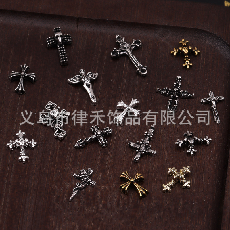 美甲新款复古暗黑饰品合金巴洛克立体十字架克罗心指甲装饰品配件|undefined