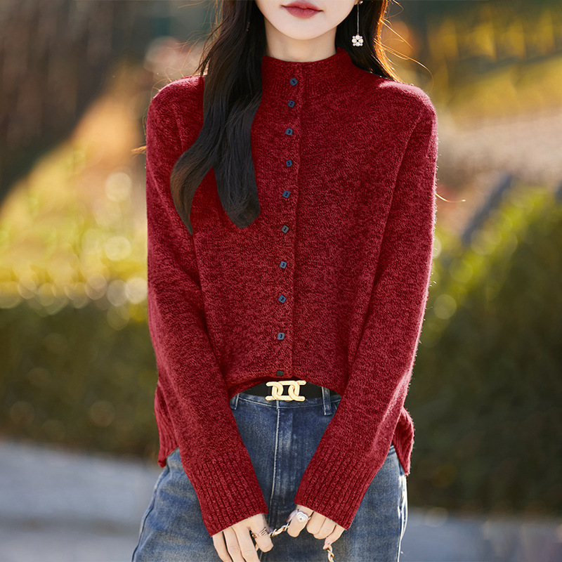 25春秋新款花纱半高圆领针织开衫方扣软糯保暖宽松上衣外套女