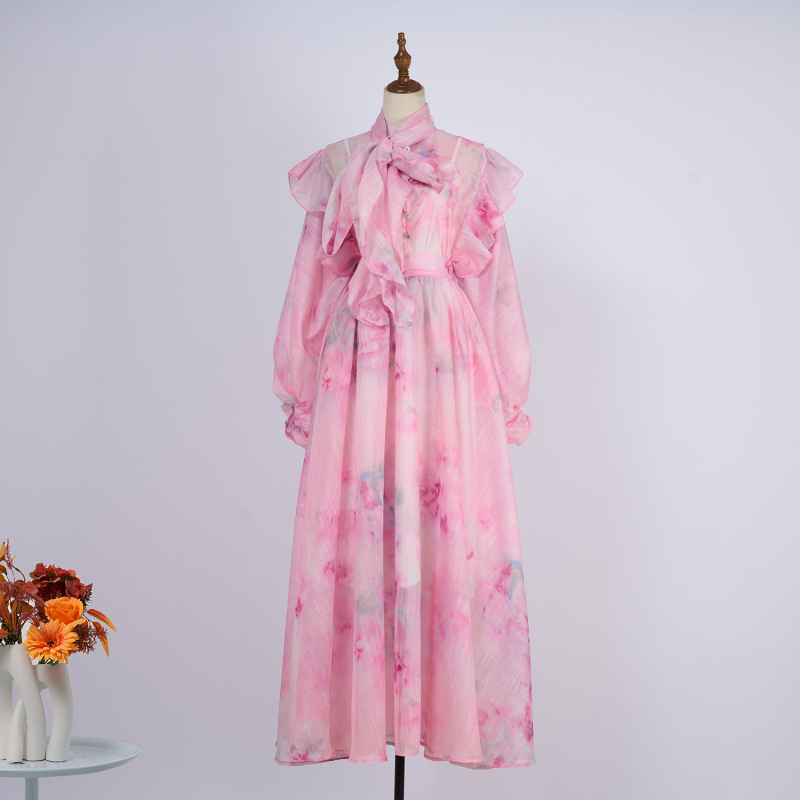 Actual Shot of the New Spring Silk and Linen Pink Printed Lantern Sleeve Top Shirt with High Waist and Large Hem Skirt