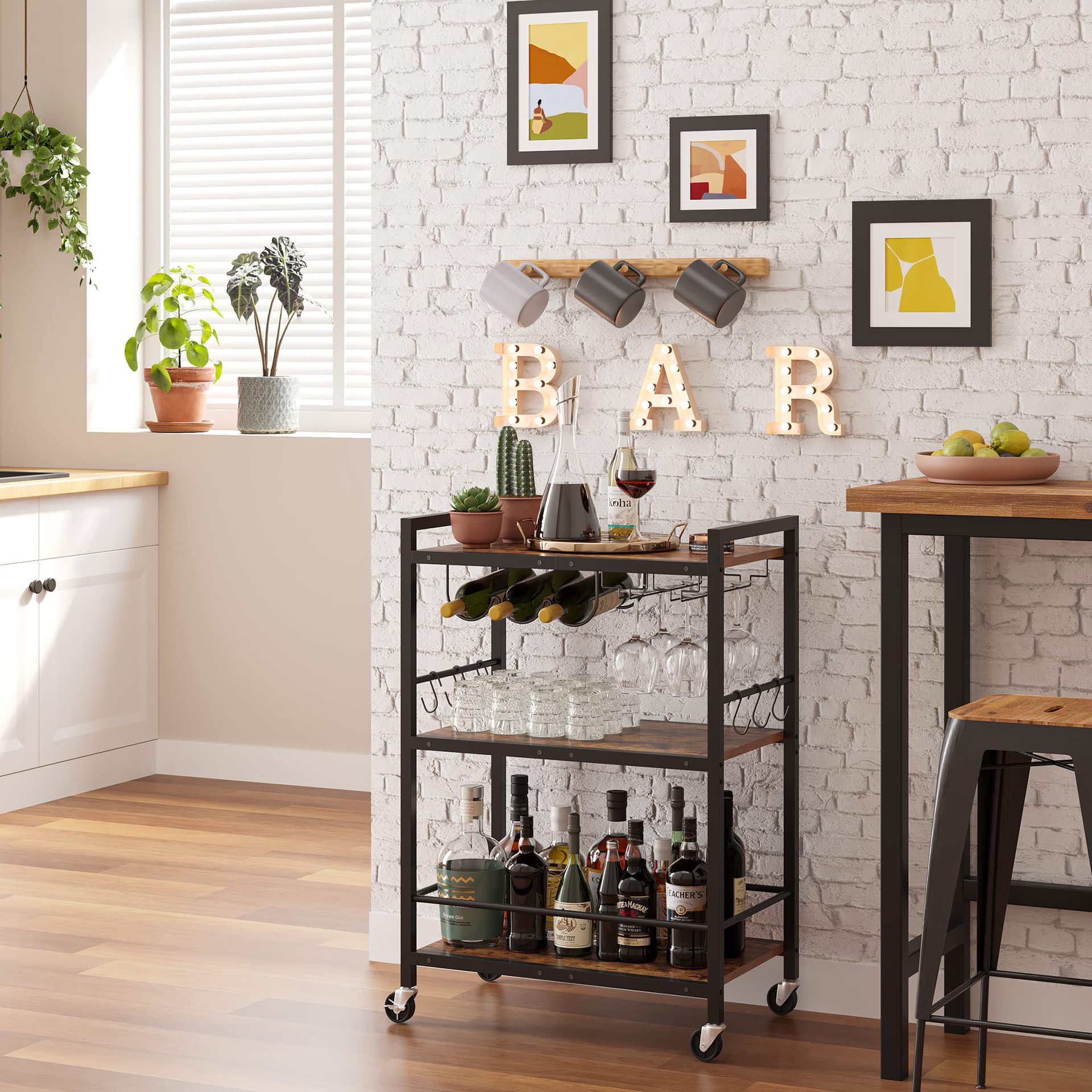 In-stock cross-border movable multifunctional wine rack with upside-down cup holders, wine rack, dining cart, small trolley, storage rack, carbon steel