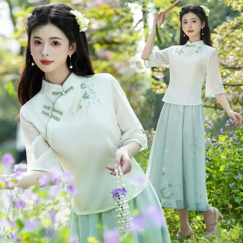 Настоящая фотография нового весенне-летнего китайского стиля из хлопка и льна с вышитым воротником-стойкой и половиной рукавов, тонкий ретро-чайный костюм, шифоновая юбка, рабочий костюм
