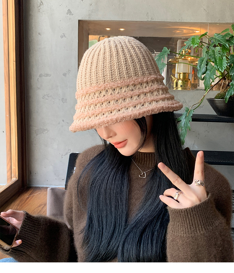 Autunno e inverno nuovo cappello coreano a righe lavorato a maglia con viso piccolo a secchiello per esterni in lana lavorata a maglia calda e alla moda_voghion.com