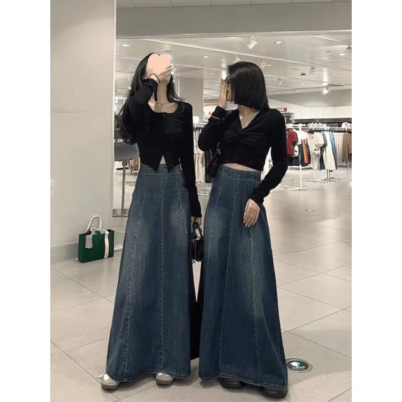 【新塘牛仔全店现货】复古显瘦高腰A字半身裙女设计感拼接牛仔长|undefined