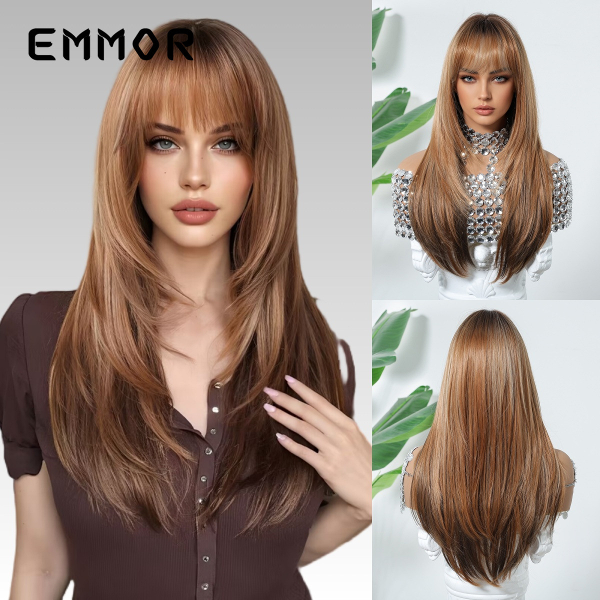 Venta caliente de comercio exterior Qi flequillo estratificado cabello liso de longitud media, corte de pelo castaño, peluca de moda, cabello completo, venta directa de fábrica