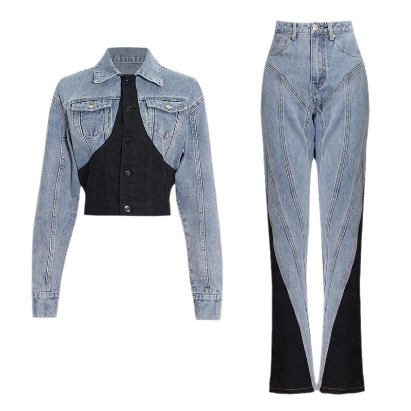 Amazon European and American Clothing Niche Style Two-Piece Set with Short Denim Jacket and High-Waisted Straight-Leg Pants Suit