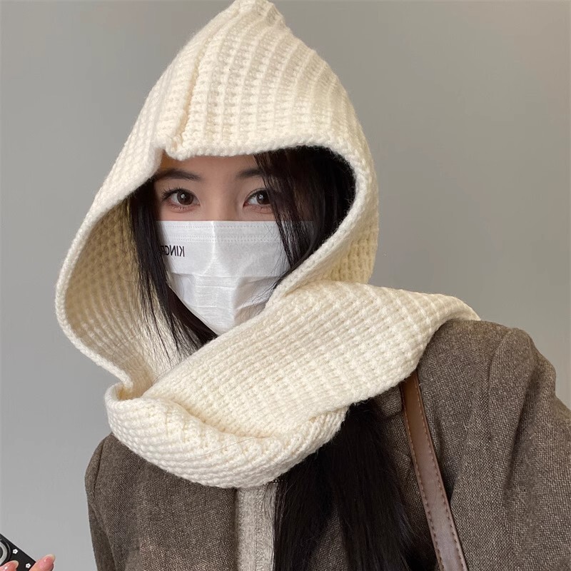 连帽披肩帽子围巾一体两件套纯色保暖秋冬季两用针织斗篷百搭时尚|undefined