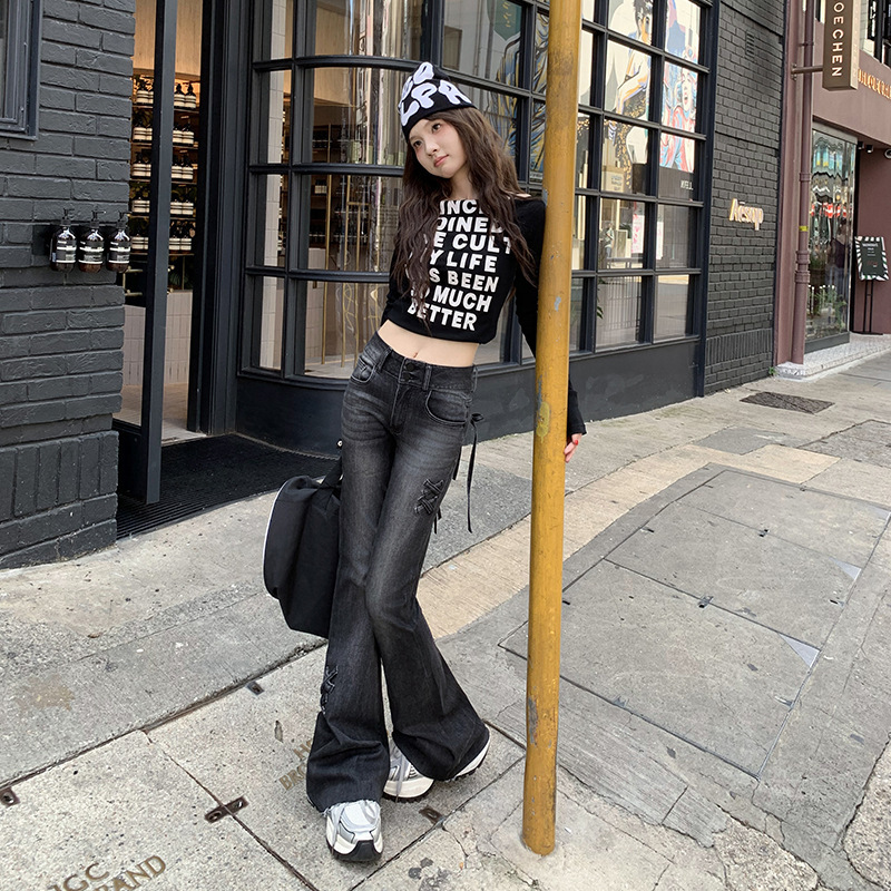 가을과 겨울 2024 빈티지 더블 버튼 마이크로 풀 청바지 여성용 활 스트레치 경적 바지