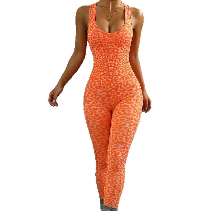 Europa y América transfronterizas estampado leopardo belleza de espalda pantalones de yoga unidos de acondicionamiento físico femenino apertado con espalda descubierta camiseta deportiva