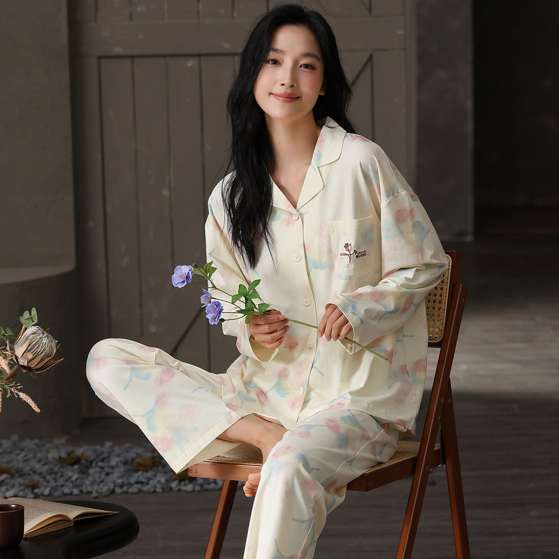 春秋新款睡衣女纯棉7A抗菌长袖长裤宽松开衫翻领家居服套装可外穿|undefined