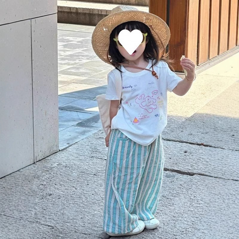 Children's Wear Children's suit Summer Cartoon Short-sleeved T-shirt Top Striped Anti-mosquito Pants Two-piece Set Thin Z034