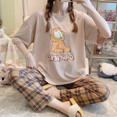 Foreign trade 2025 new Korean version of cartoon pajamas women's short sleeve trousers women can wear home clothes suit wholesale