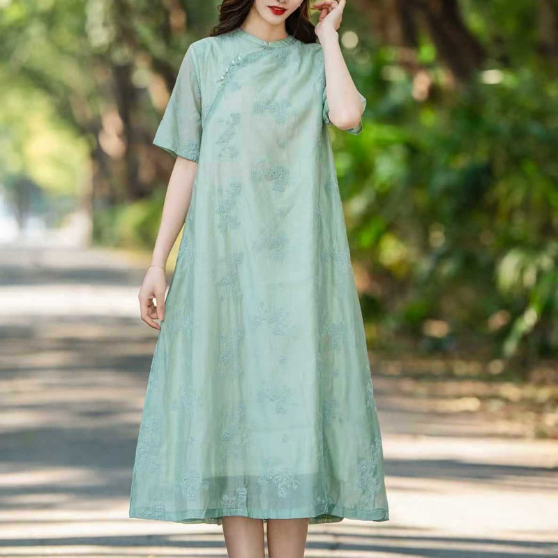 2025 Summer Tencel Linen Embroidered Chinese Style Women's Long Dress New Chinese Stand Collar Cheongsam Style Artistic Women's Dress 2025 Summer Tencel Linen Embroidered Chinese Style Women's Long Dress New Chinese Stand Collar Cheongsam Style Artistic Women's Dress