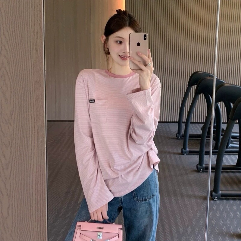 Correct Version Mu Striped Letter Logo Pocket Long-Sleeve T-Shirt Unisex Relaxed Vibe Crew Neck Top Correct Version Mu Striped Letter Logo Pocket Long-Sleeve T-Shirt Unisex Relaxed Vibe Crew Neck Top