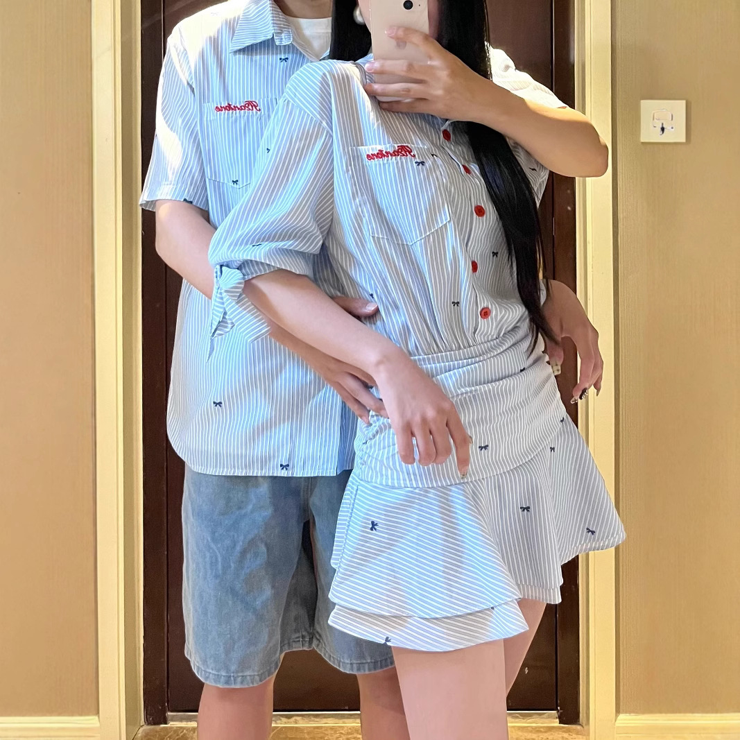 情侣装夏季新款韩系学院风条纹翻领中袖收腰衬衫裙女法式一裙一衣