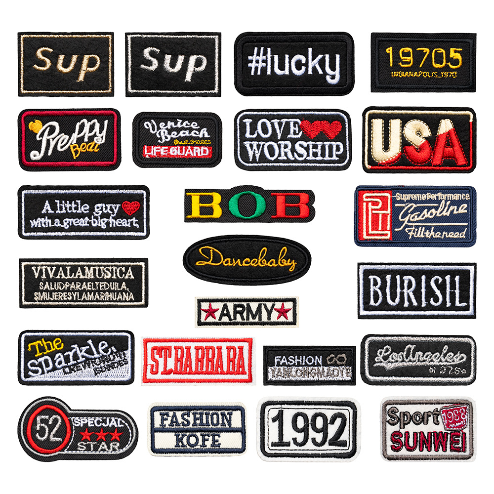 方框英文刺绣布贴潮流个性字母电脑绣花商标衣服外套标牌徽章批发