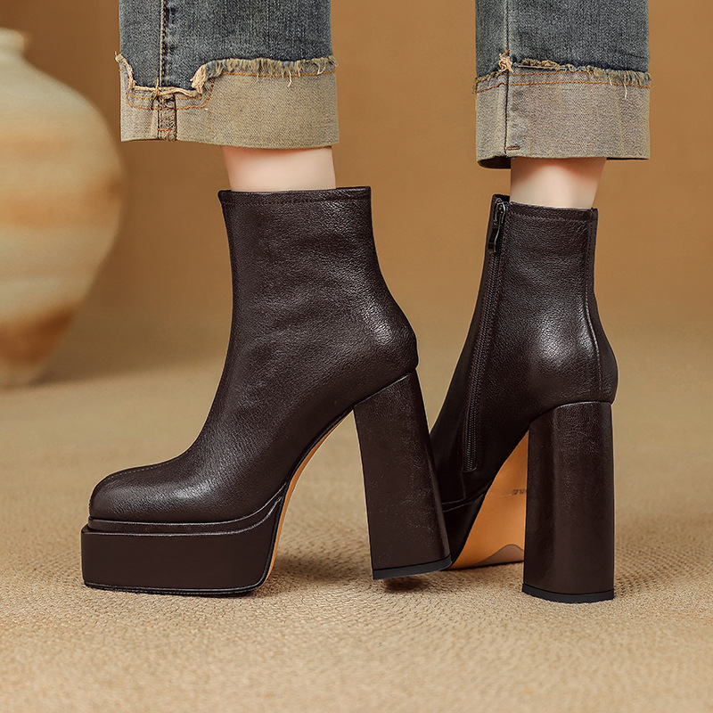 Boot nữ cổ cao ôm chân da dê mềm gót vuông đế xuồng 12.5 cm — Lớp lót nhung đen