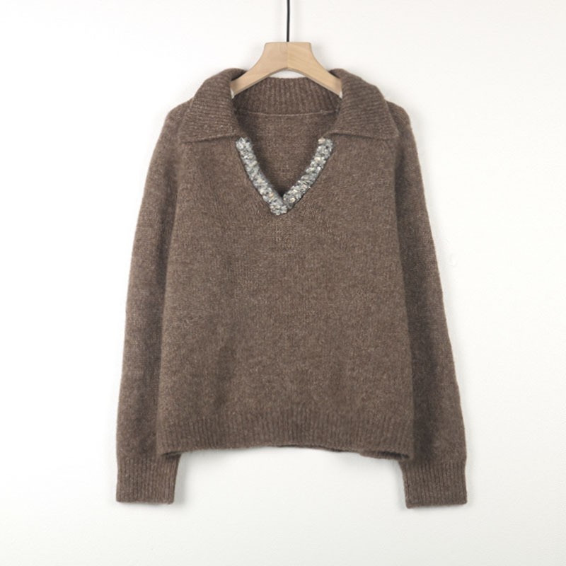 2026 Autumn/Winter yak wool fancy yarn blend polo collar long-sleeve knit sweater, elegant and sophisticated, warm sweater for women
