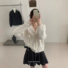 苏珊 甜美长袖设计针织低领蝴蝶结毛衣外套新款宽松洋气毛衣3987
