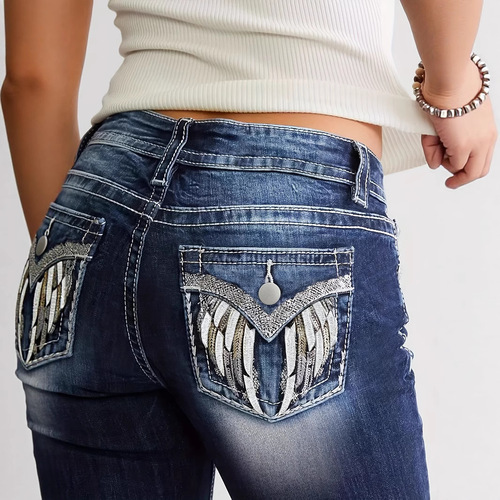 Elegant European and American Style Cross-border Amazon Independent Store New Women's Denim Embroidered Stretch Trousers Slimming