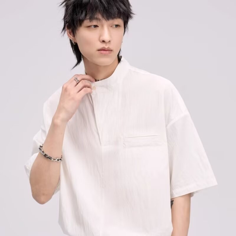 Summer Hanfu Men's Clothing, Three-Quarter Sleeve, Chinese Style, Plus Size Ice Silk T-Shirt, Tang Suit, Thin V-Neck, Ancient Style Tea Shirt