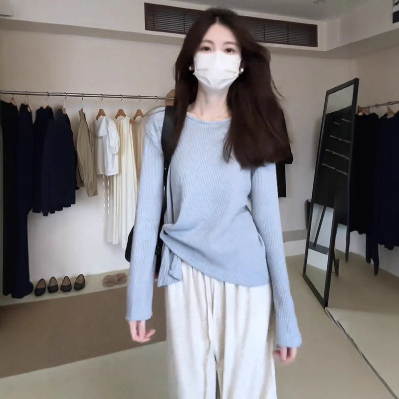 庄不腻秋冬新款绘莉设计感长袖华夫格百搭宽松套头纯色上衣1|undefined
