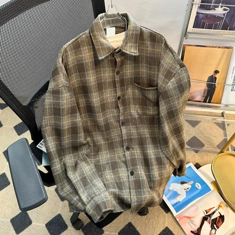 Plaid shirt men's long-sleeved Hong Kong style high-grade light-familiar coat autumn and winter Ruan Shuai Japanese style top fashion brand workwear shirt