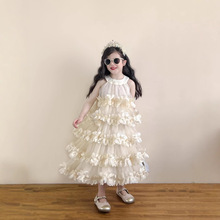 女童夏香槟金挂脖花朵蛋糕公主背心裙网纱无袖蓬蓬连衣裙礼服纱裙