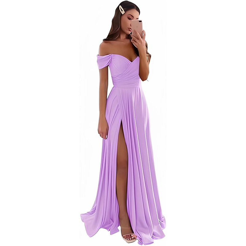 Satin Bridesmaid Dresses V Neck Pleated Off Shoulder Formal Prom Dress Ladies Pocket One Shoulder Cocktail Party Gowns