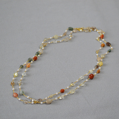 Original Design Autumn/Winter Novelty Natural Stone Handmade Bead Long Pendant Necklace with Double Layer Overlapping Strap for Women