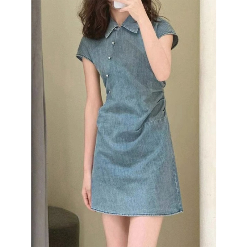 High-End Light Luxury French Petite Stylish Retro New Chinese Style National Buckle Denim Dress for Women Summer High-End Light Luxury French Petite Stylish Retro New Chinese Style National Buckle Denim Dress for Women Summer