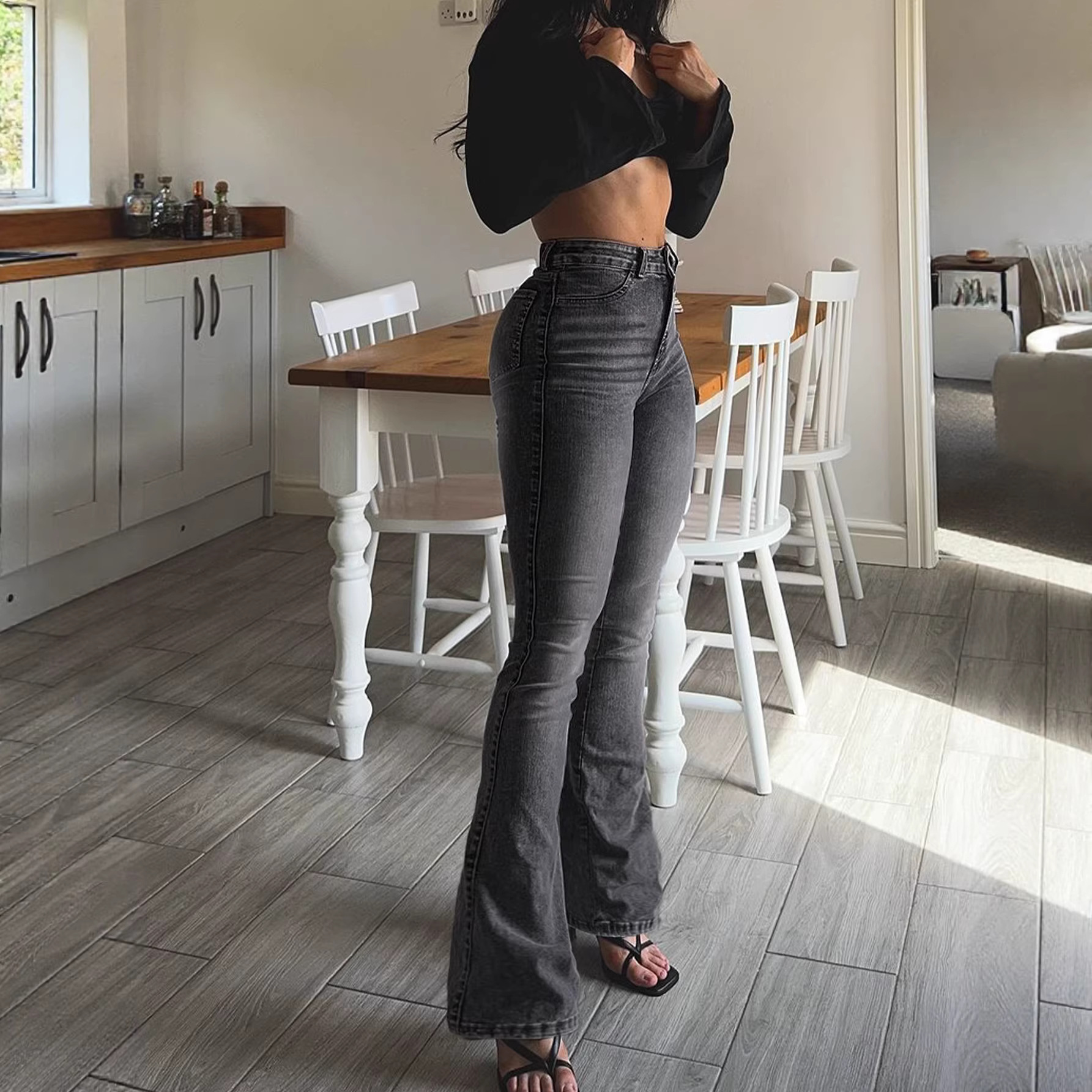 Women's Stretch Flared Jeans - Slimming Gray Denim Pants With Vintage Wash & Bootcut Silhouette, High-Street Fashion Trousers_voghion.com