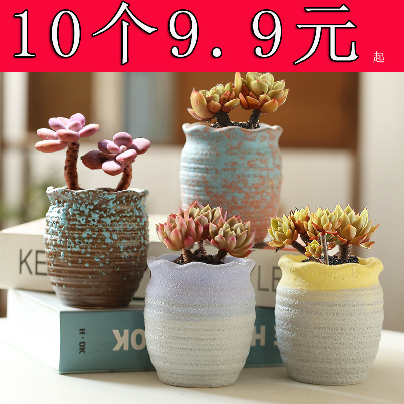 厂家多肉花盆陶瓷创意个性清仓拇指盆小花盆简约粗陶彩绘透气流釉