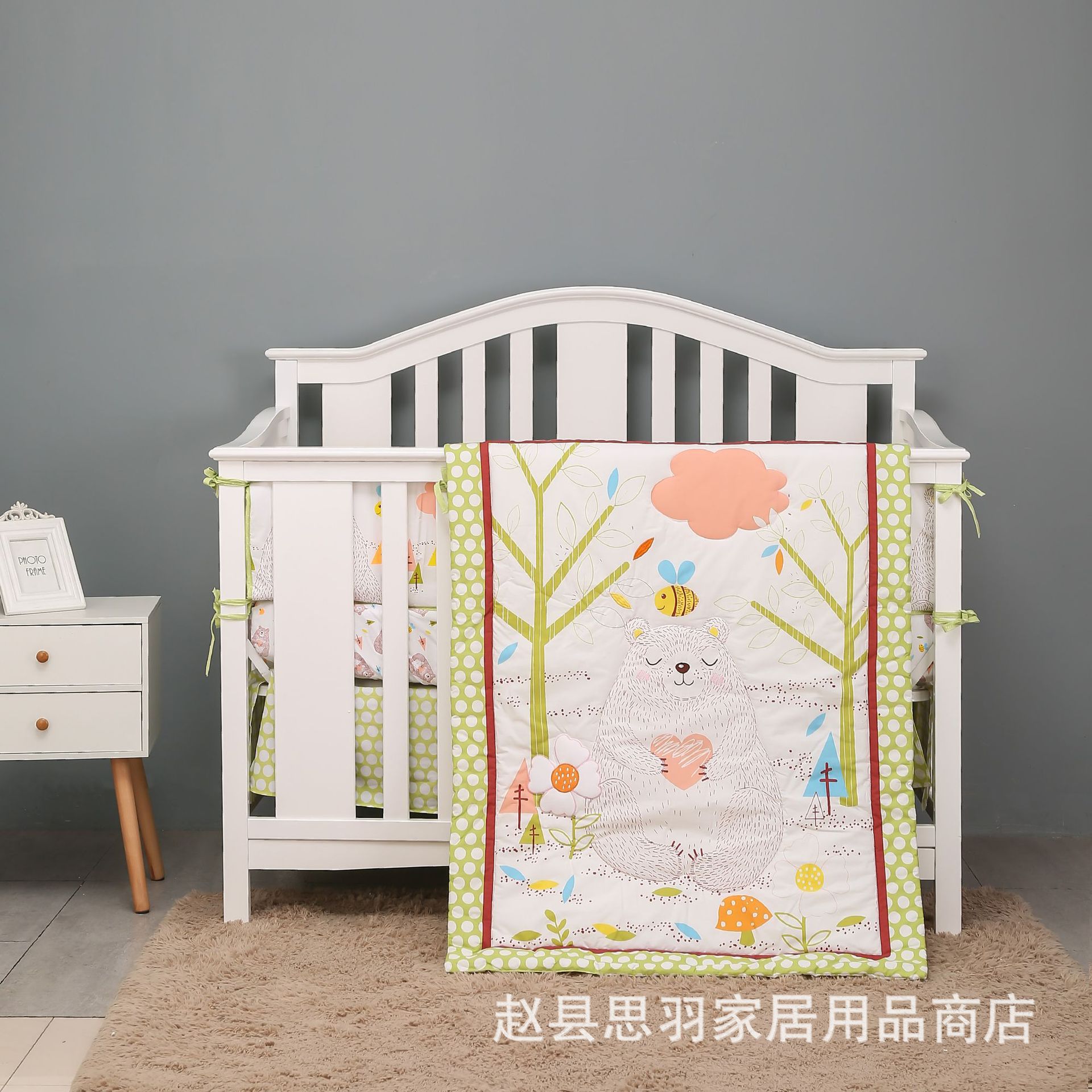 Newborn Bedding Set with Duvet Cover, Fitted Sheet, Bed Skirt, and Crib Bumper, Four-Piece Set, Anti-Collision, Pure Cotton, Spring and Autumn Style