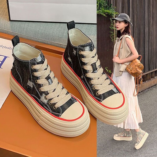 Korean-style laced holey denim canvas thick-soled casual shoes, high-top shoes, versatile, stackable, trendy