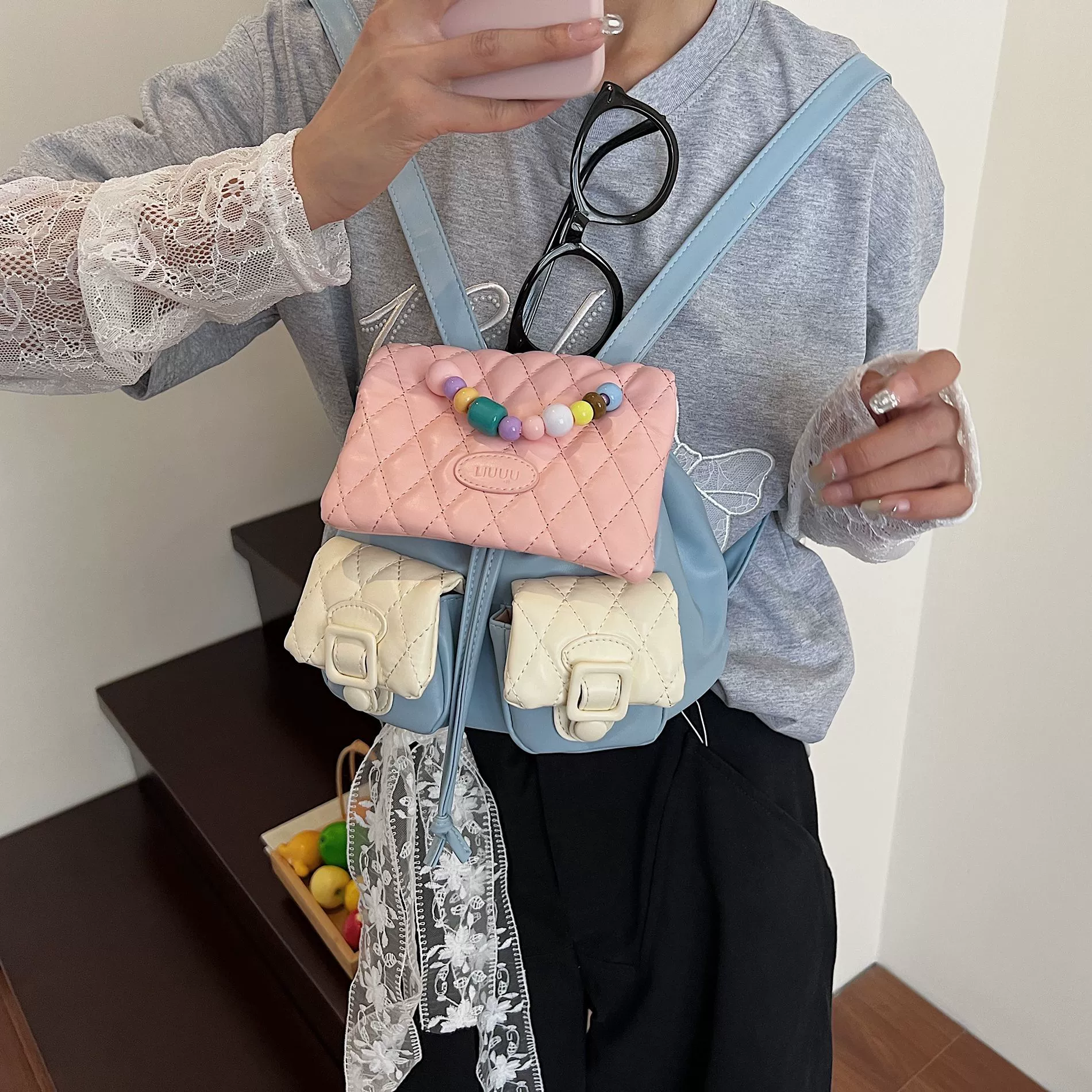 Small design cute backpack, shoulder bag with diamond pattern, trend of season
