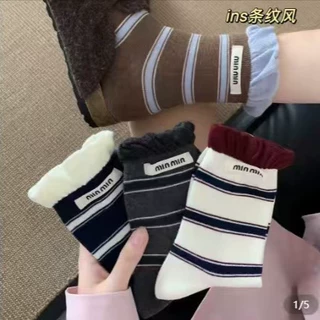 韩系泡泡口条纹秋冬中筒袜子字母标签无骨袜百搭ins复古堆堆女袜