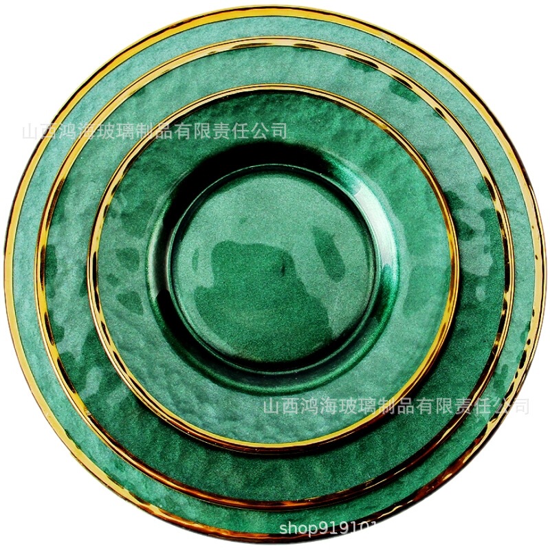 Wholesale Handmade Gold-Rimmed Green Glass Plates, Breakfast Plates, Cross-Border Best-Selling Models for Home Use