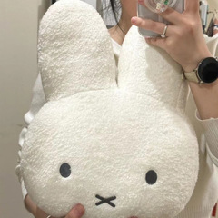 Miffyミッフィーウサギの頭の人形かわいいぬいぐるみが枕を抱いて男女のベッドに寝てソファーのクッションの誕生日TYmyを送ります。